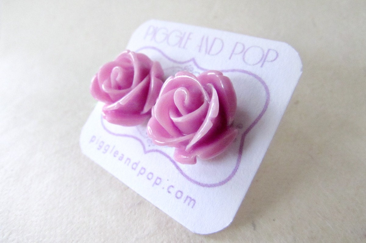 Purple Rose Stud Earrings, Lilac Purple Studs, Large Rose Earrings, Resin Cabochon Rosettes, Purple Bridesmaid Jewelry, Floral Jewelry Gifts