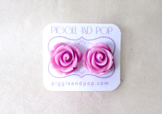Purple Rose Stud Earrings, Lilac Purple Studs, Large Rose Earrings, Resin Cabochon Rosettes, Purple Bridesmaid Jewelry, Floral Jewelry Gifts
