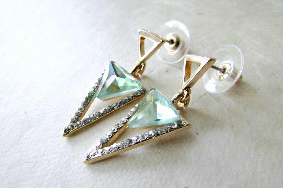 Gold Triangle Earrings with Green and Diamond Crystals. Post Dangle Earrings with Triple Triangle Geometric Design. Contemporary Jewelry.