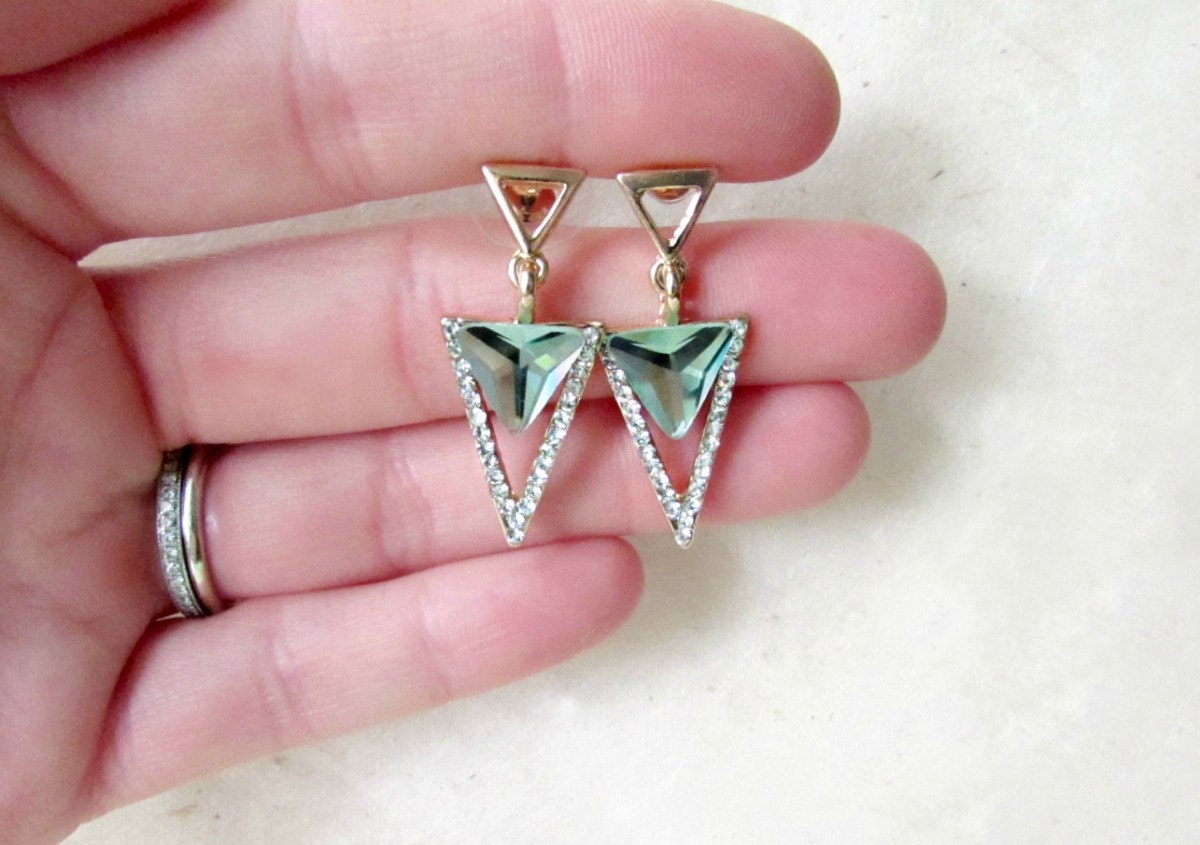 Gold Triangle Earrings with Green and Diamond Crystals. Post Dangle Earrings with Triple Triangle Geometric Design. Contemporary Jewelry.