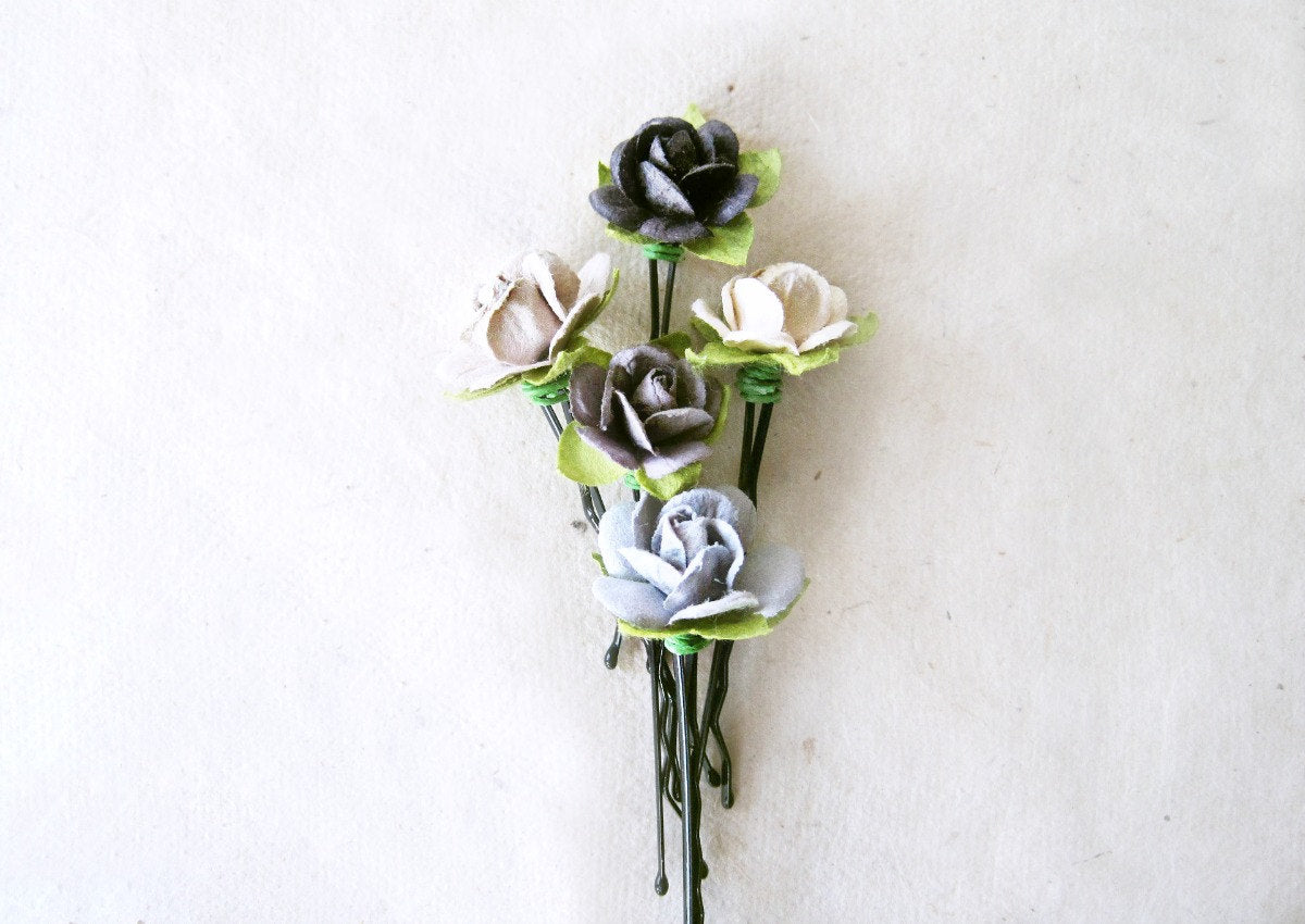 Paper Flower Hair Pins in Neutral Shades of Grey. Handmade Floral Rose Hair Accessories. Wire Wrapped Monochromatic Paperie Bobby Pins MPR6