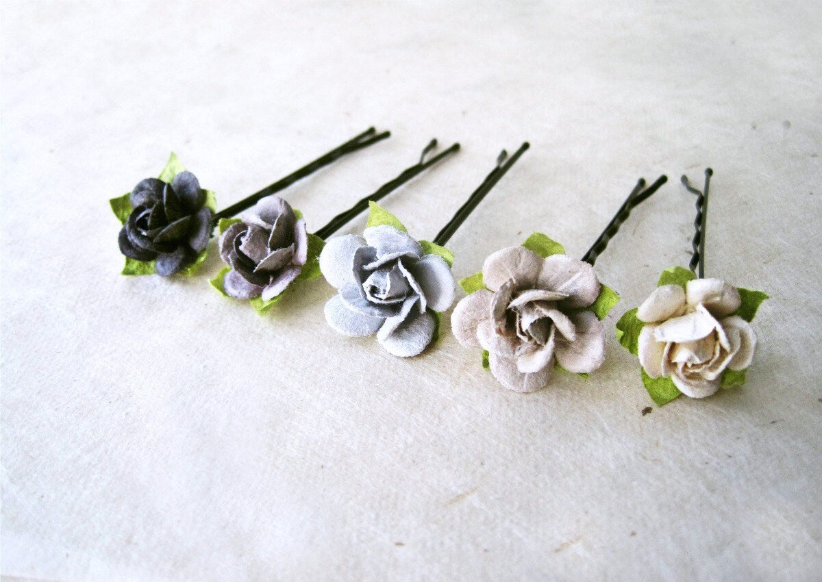 Paper Flower Hair Pins in Neutral Shades of Grey. Handmade Floral Rose Hair Accessories. Wire Wrapped Monochromatic Paperie Bobby Pins MPR6