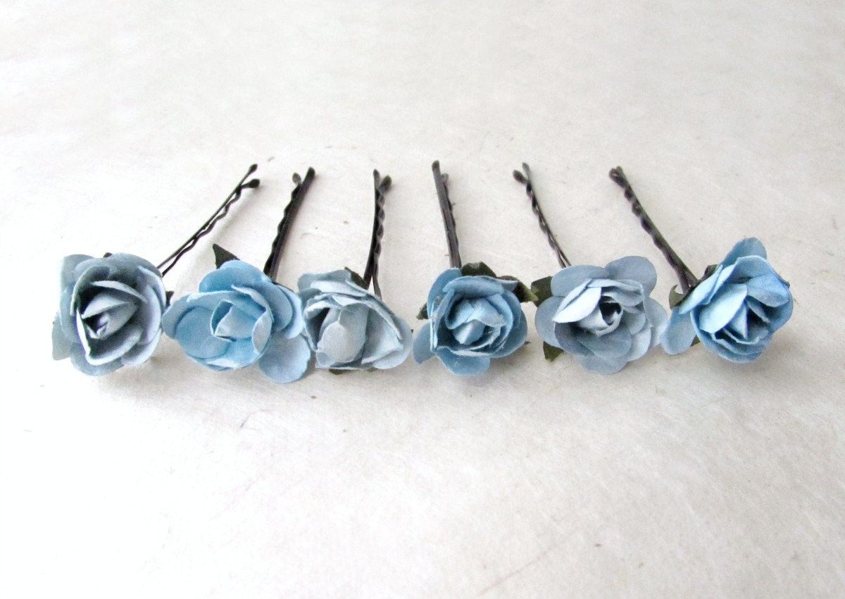 Blue Flower Hair Pin, Light Blue Rose Bridal Bobby Pins, Paper Flower Hair Accessories, Something Blue for Boho Bride, Wedding Hair Flowers MPR6