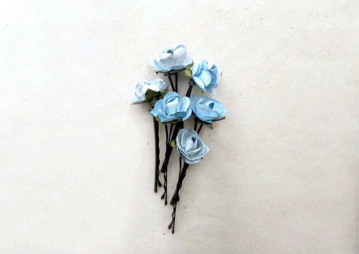 Blue Flower Hair Pin, Light Blue Rose Bridal Bobby Pins, Paper Flower Hair Accessories, Something Blue for Boho Bride, Wedding Hair Flowers MPR6