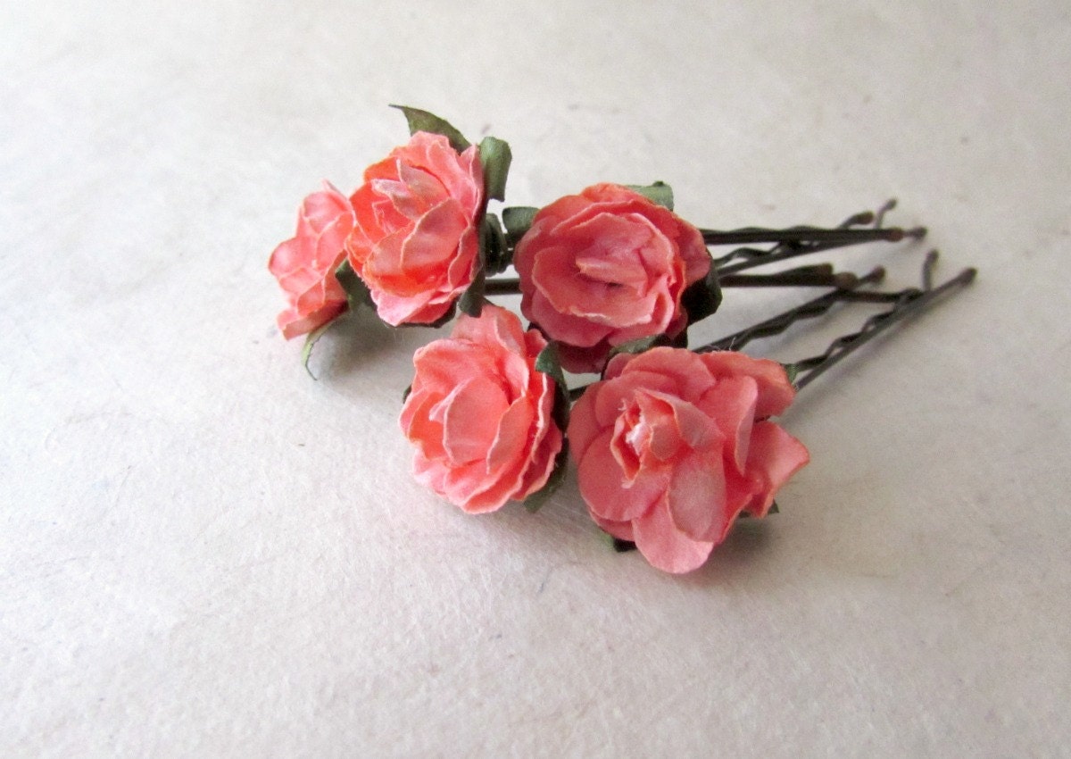 Coral Hair Flowers, Small Flower Hair Pins, Coral Pink Roses, Paper Rose Bobby Pins, Miniature Rose Bridesmaid Hair Accessories, Summer Hair MPR6