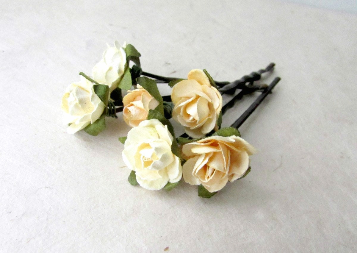 Yellow Paper Rose Bobby Pin Set, Buttercream + Pastel Lemon Yellow Miniature Spring Floral Hair Flowers, Set of 6 Handmade Hair Accessories MPR6