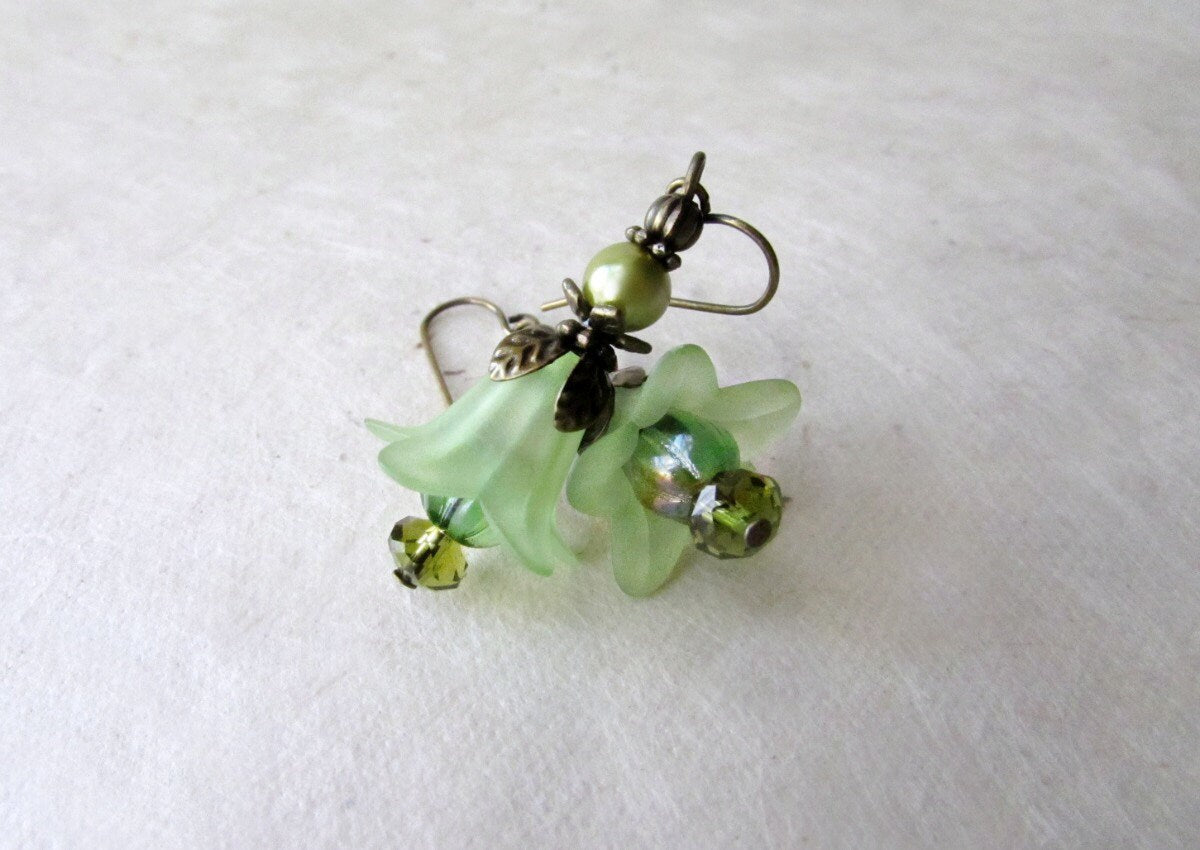 Faerie Flower Earrings, Light Green Earrings, Bronze Fairy Earrings, Spring Wedding Jewelry, Green Lily Earrings, Peridot Green Bridesmaids