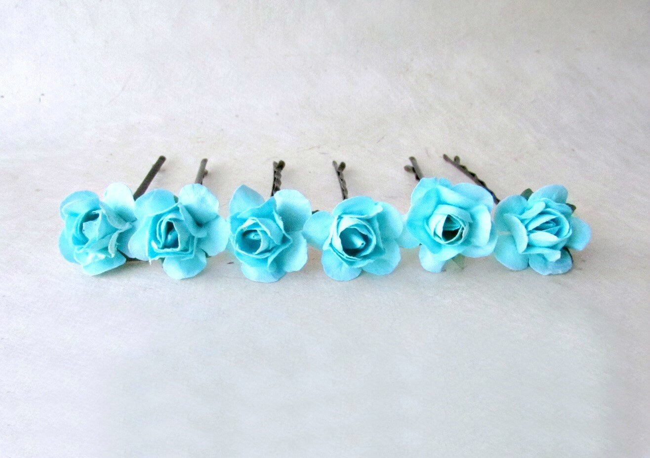 Turquoise Hair Pins, Blue Rose Hair Pins, Tropical Blue Rose Bobby Pins, Bright Blue Bridesmaids, Wedding Hair Flowers, Hair Pins Set of 6 MPR6