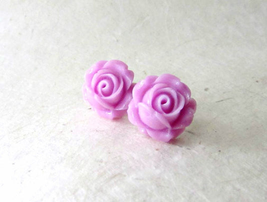 Purple Rose Earrings, Big Flower Earring, Lilac Flower Stud Earrings, Resin Rose Studs, Lavender Bridesmaids, Surgical Steel Earring Studs