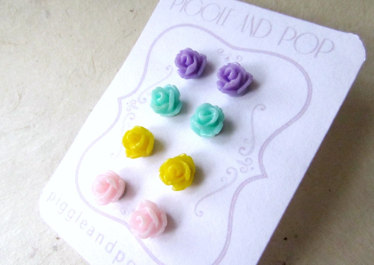 Tiny Rose Earring Stud Set, Flower Stud Earrings, Purple and Mint, Pink and Yellow, Small Rose Stud Earrings, Hypoallergenic Resin Studs