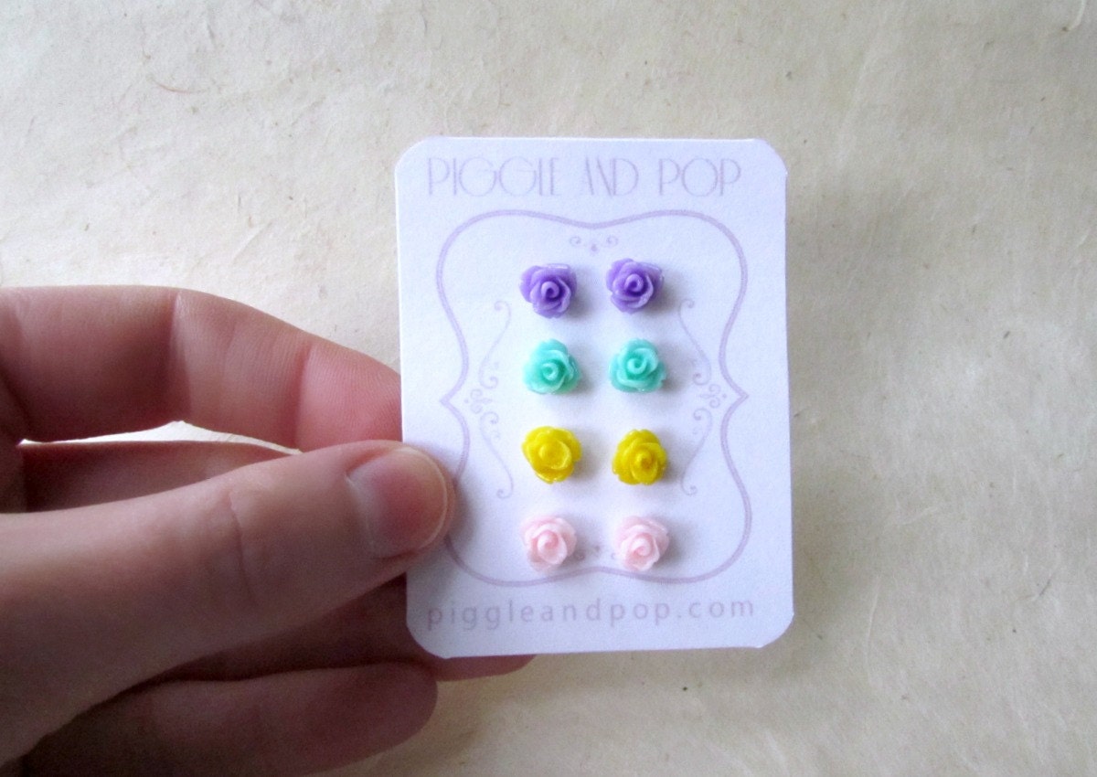 Tiny Rose Earring Stud Set, Flower Stud Earrings, Purple and Mint, Pink and Yellow, Small Rose Stud Earrings, Hypoallergenic Resin Studs