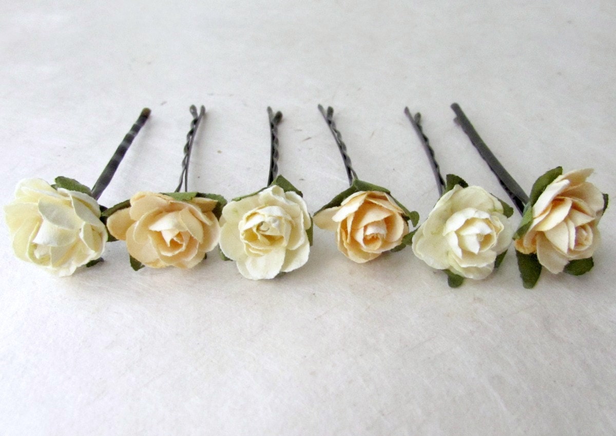 Yellow Paper Rose Bobby Pin Set, Buttercream + Pastel Lemon Yellow Miniature Spring Floral Hair Flowers, Set of 6 Handmade Hair Accessories MPR6
