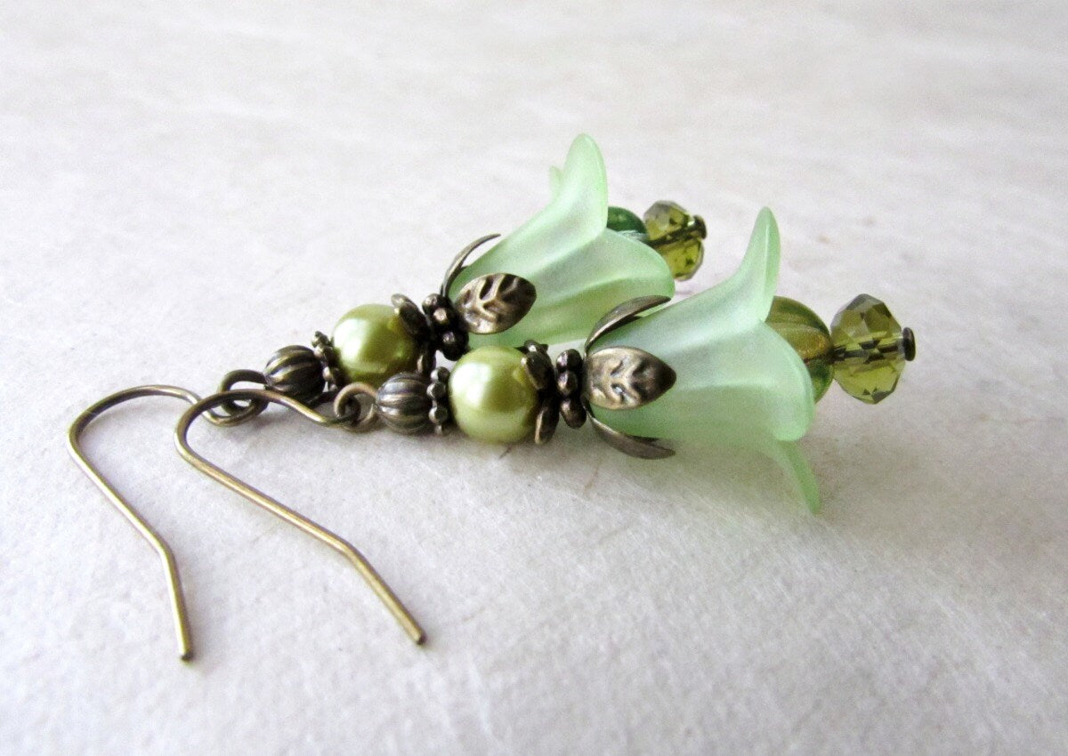 Faerie Flower Earrings, Light Green Earrings, Bronze Fairy Earrings, Spring Wedding Jewelry, Green Lily Earrings, Peridot Green Bridesmaids