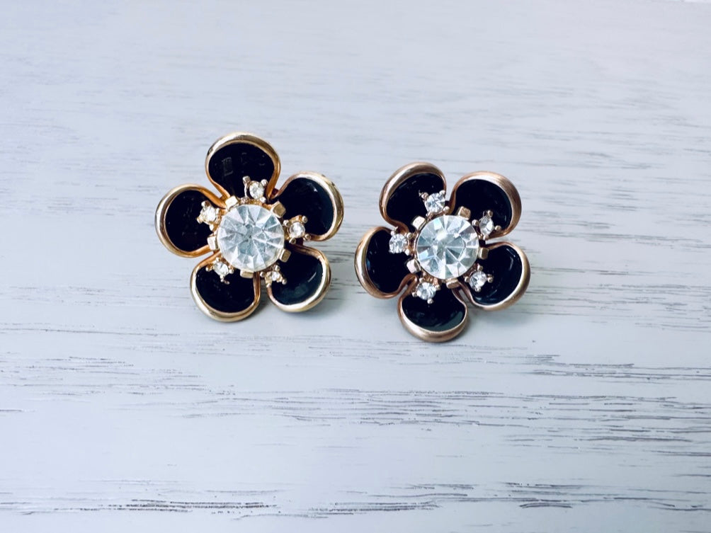 Rhinestone Flower Earrings, Gold Set Earrings with Black Enamel & Diamond Centers, Vintage Earrings, Screwback Earrings for Nonpierced Ears