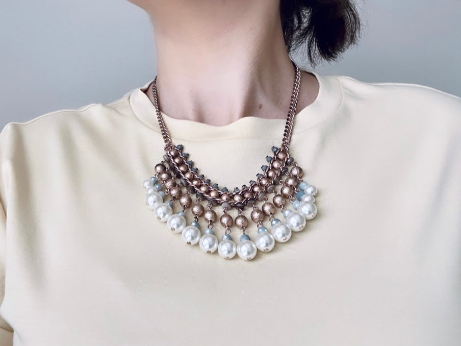 Pearl Statement Necklace, Beaded Bib Necklace in Blue Bronze and Cream, Unique Vintage Beaded Necklace