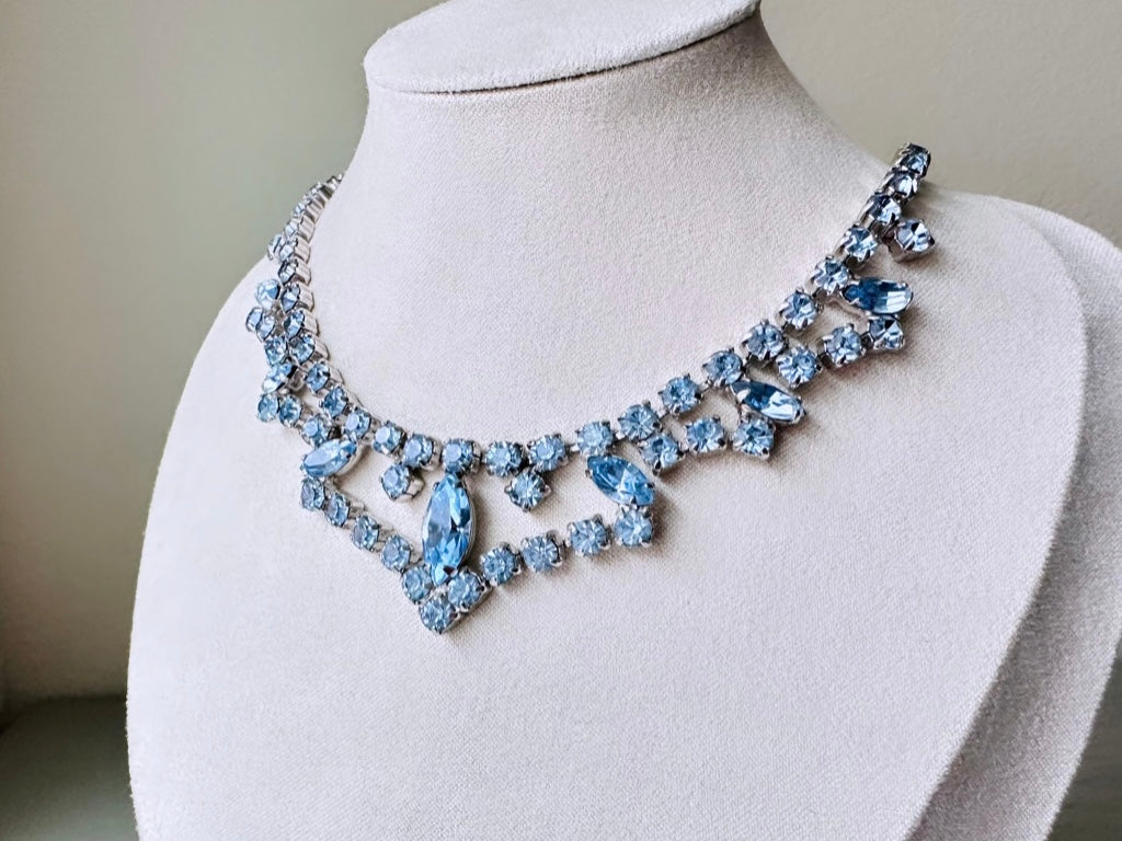 Vintage Blue Rhinestone Choker Necklace, Sapphire + Silver 1960s Vintage Necklace, Beautiful Draped Choker with Prong Set Sparkling Crystals