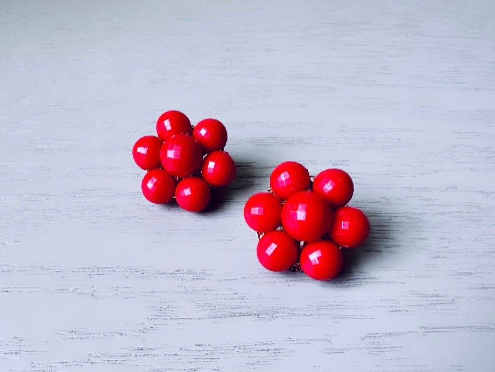Bright Red Beaded Vintage Earrings, Signed Coro Mid-Century Textured Faceted Red Acrylic 1960s Clip On Earrings, Cherry Red Cluster Earrings