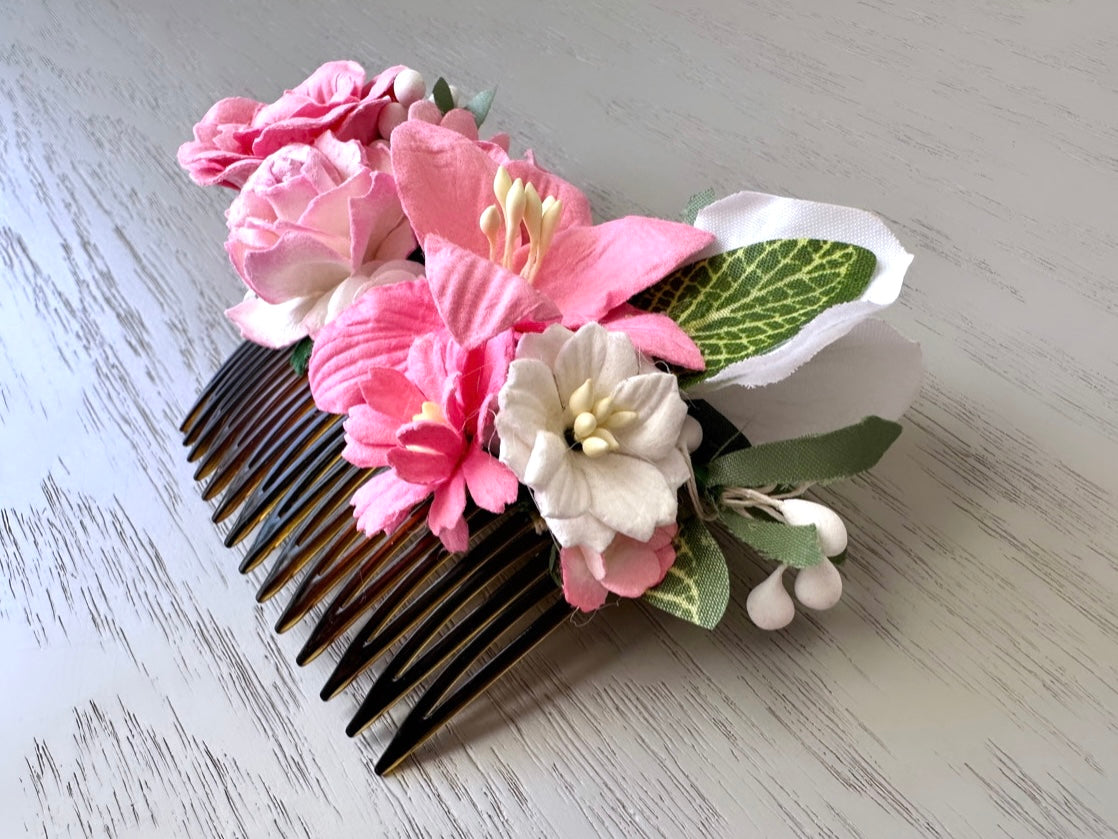 Pink Flower Hair Comb, Floral Wedding Comb, Ethereal Woodland Bride, Boho Fairy Flower Comb, Botanical Handmade Paper Flower Hair Piece OOAK