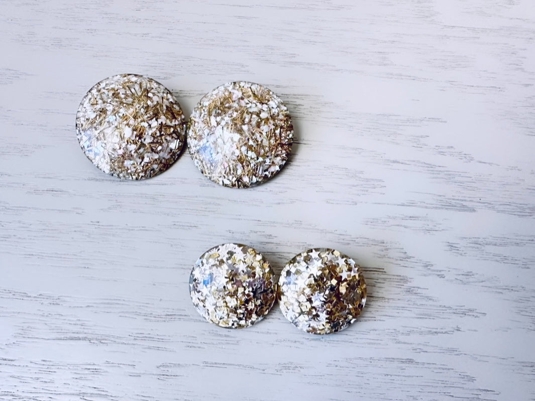 Gold Confetti Earrings, Oversized Vintage Statement Earrings, White and Gold Earrings, Sparkling Lucite Clips, Huge Party Earrings