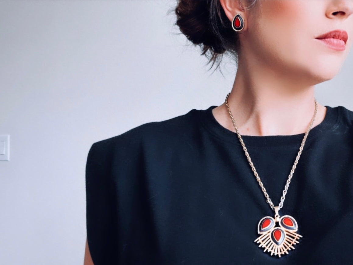 bethan jayne modeling Red, Black and gold 1973 SC Dynasty Necklace and Matching Earring Set