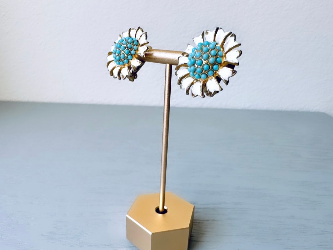 Vintage WEISS Earrings, Gold Tone Cream Enamel Flower Earrings with Tiffany Blue Beaded Centers, Vintage Floral Clip On Earrings
