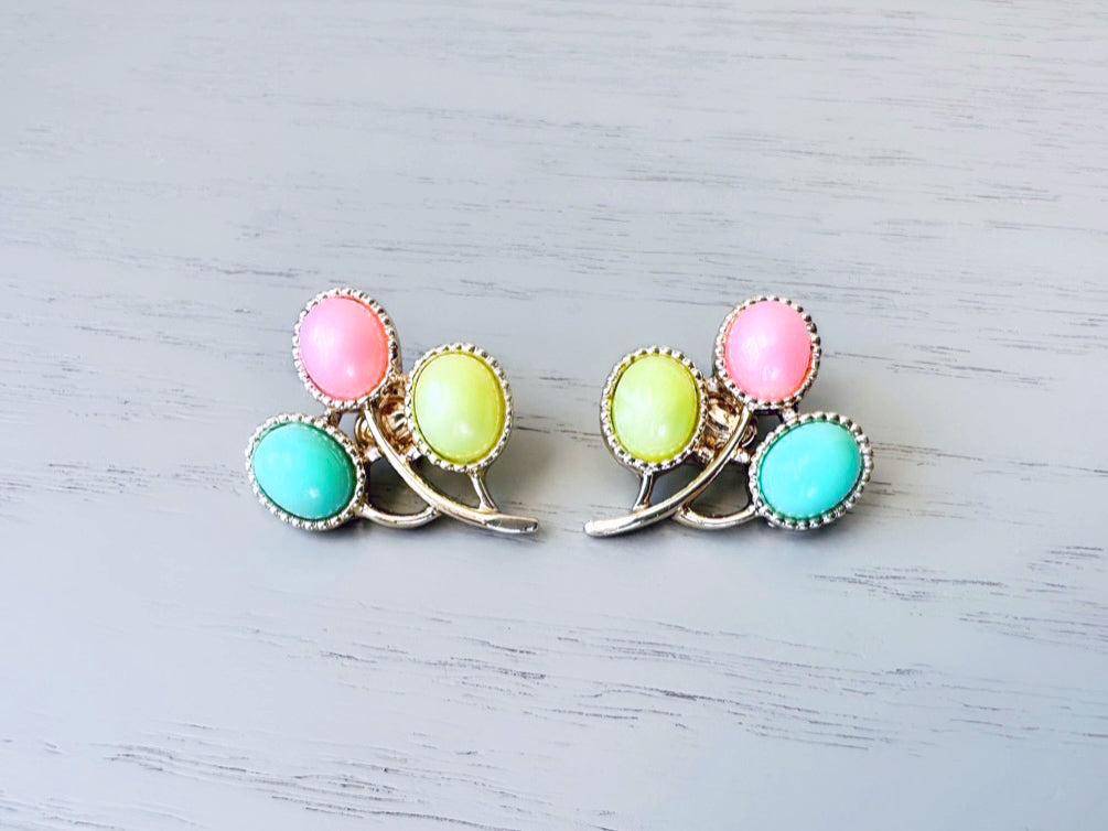 1973 Pastel Pink, Mint & Chartreuse Gold Plated Earrings from Sarah Coventry's Colorful "Candyland" Collection from Piggle and Pop
