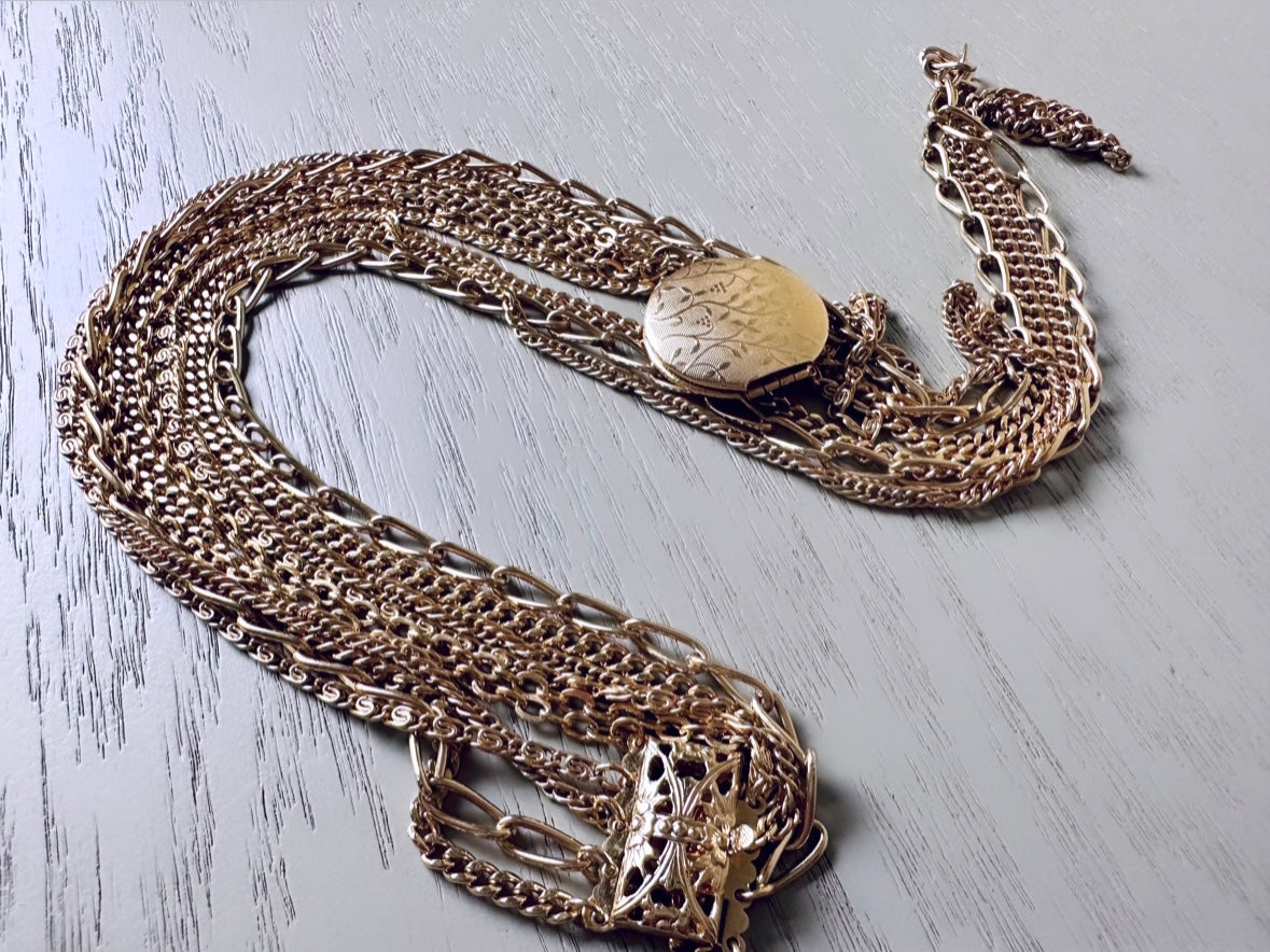 Gold Multistrand Layered 5 strand Vintage Locket Necklace from Piggle and Pop