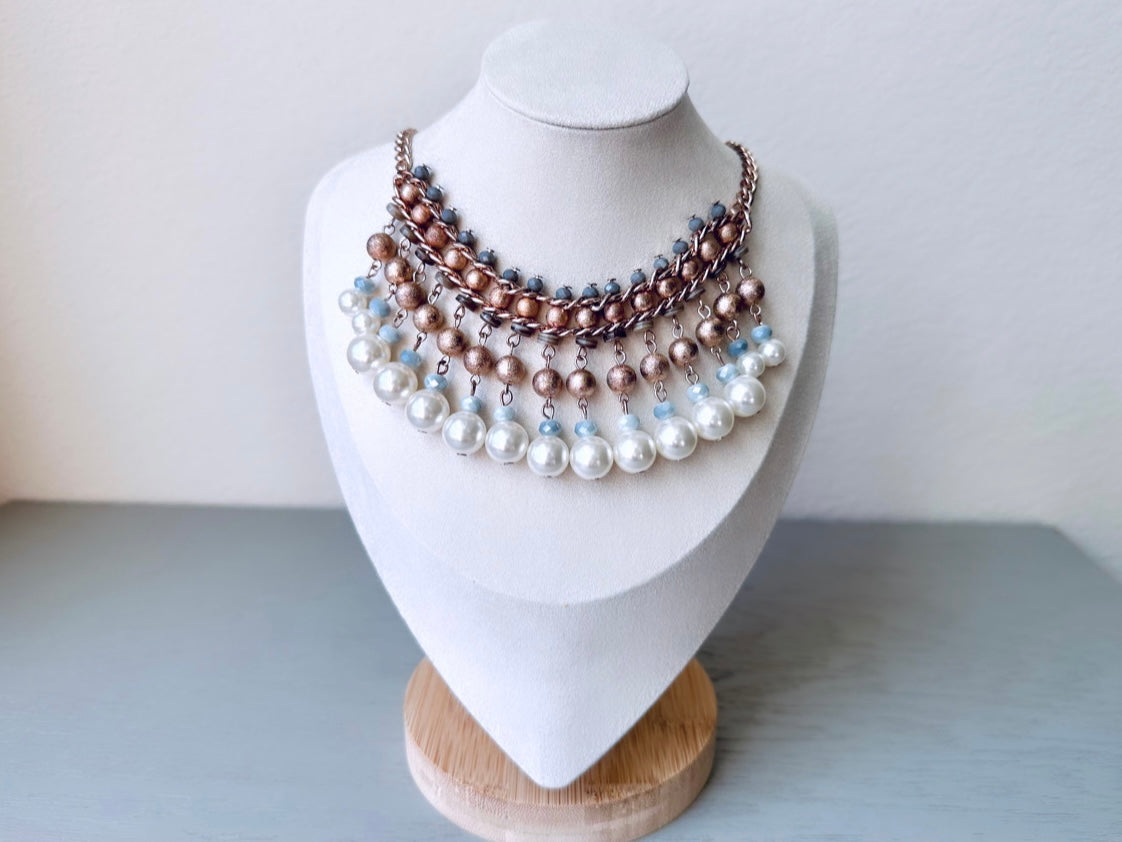 Pearl Statement Necklace, Beaded Bib Necklace in Blue Bronze and Cream, Unique Vintage Beaded Necklace