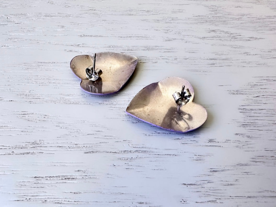 Purple Heart Earrings, Vintage Heart Earrings, Lilac Hammered Stud Earrings, Textured Metal Heart Pierced Post Earrings