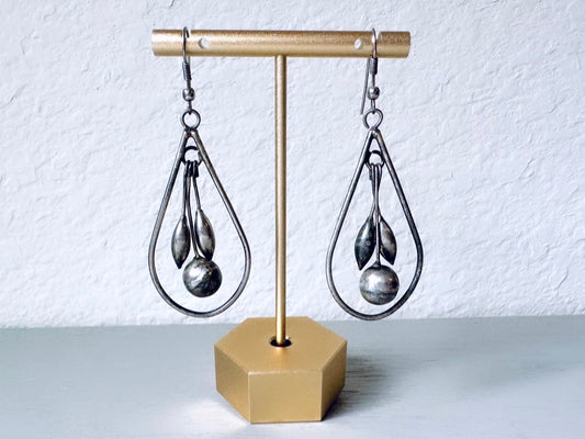 Gunmetal Silver Drop Earrings, Unique Vintage Earrings, Pendulum Dangle Hook Earrings, Geometric Dangle Earrings