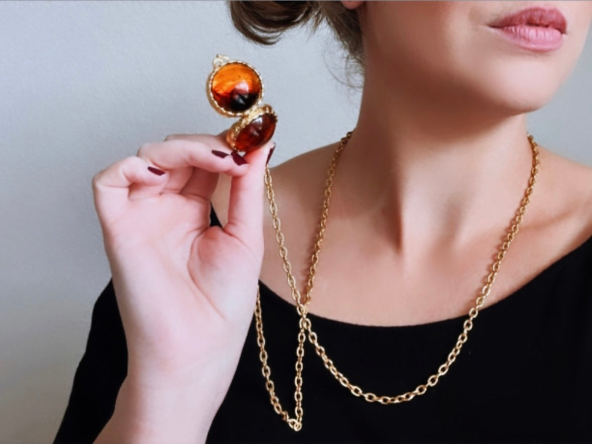 Ultra Rare Amber Sphere Locket Necklace, Rare LCI Gold Locket Ball Pendant Necklace,  Vintage Liz Claiborne, Unique Vintage Ball Locket