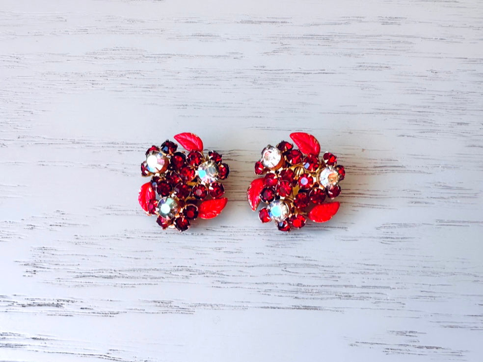 Red Vintage WEISS Rhinestone Earrings, Vintage 1960's Crystal Flower Clip On Earrings, Deep Red Crystal and Red Enamel Leaves