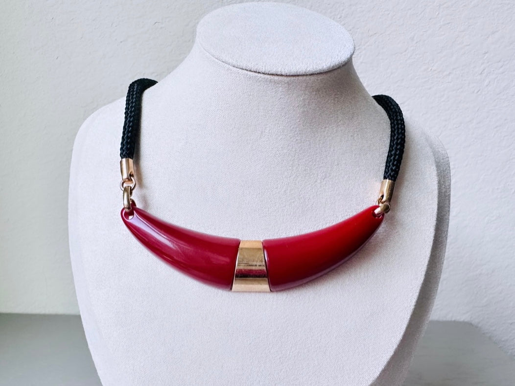 Vintage 70s New Yorker Necklace,  Red and Gold Necklace with Black Cord, 1976 Vintage, Sarah Coventry Vintage Necklace