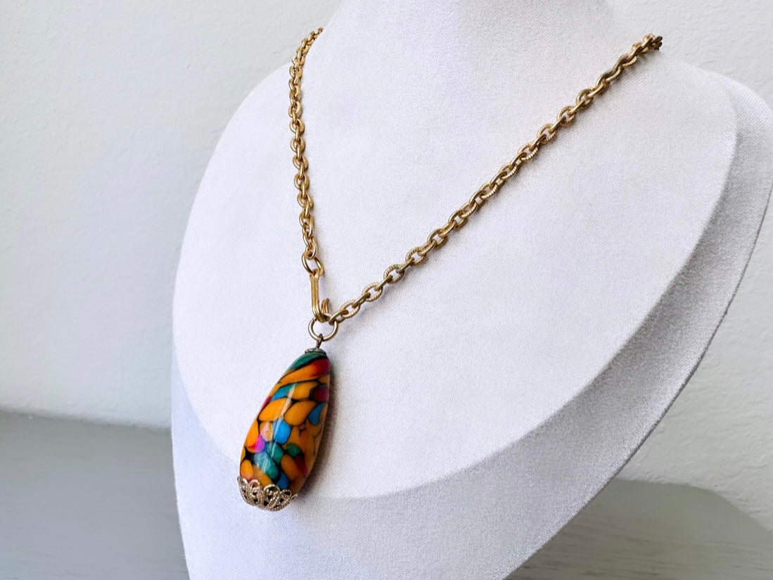 Colorful Mosaic Vintage Teardrop Drop Pendant Necklace, 18" Gold Necklace, Layering Necklace, Orange Blue Mottled Charm Necklace with Hook