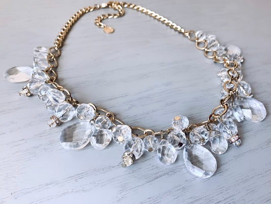 Crystal Beaded Cluster Necklace, Vintage Statement Necklace, Gold Vintage Necklace with Clear Crystal Drops, Elegant Necklace