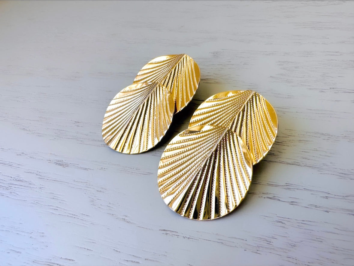 Vintage Gold Leaf Earrings, Textured Double Leaf Gold Earrings, Big Vintage Statement Earrings, Woodland 1960s Earrings