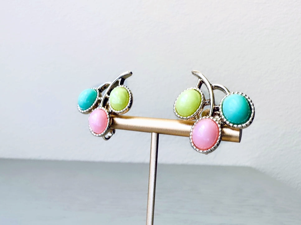 1973 Pastel Pink, Mint & Chartreuse Gold Plated Earrings from Sarah Coventry's Colorful "Candyland" Collection from Piggle and Pop
