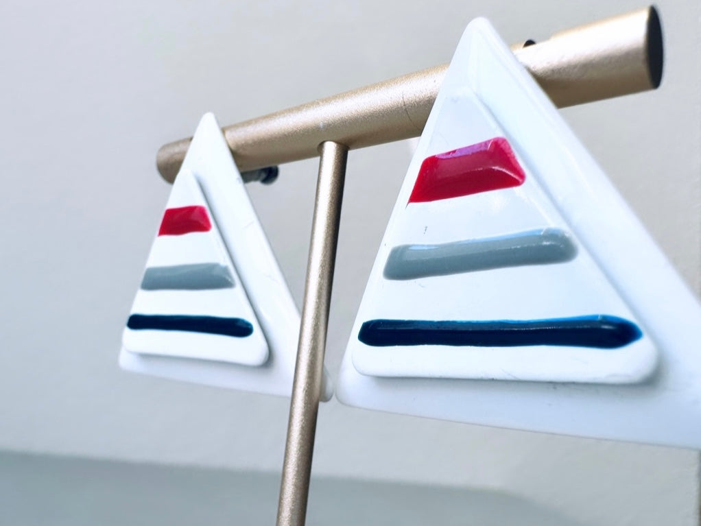 Big White Triangle Earrings, Oversized Geometric Enamel Earrings, Fun 1980's Vintage Earrings, White Grey Red Navy Blue