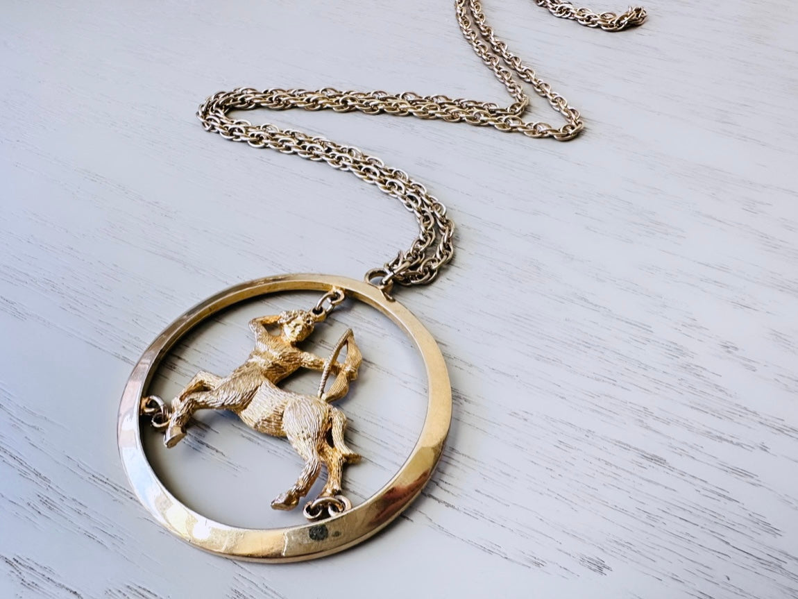 Vintage Sagittarius Zodiac Necklace, Star Sign Astrology Necklace, Unique Birthday Necklace, 30" Long Gold Vintage Astrology Pendant