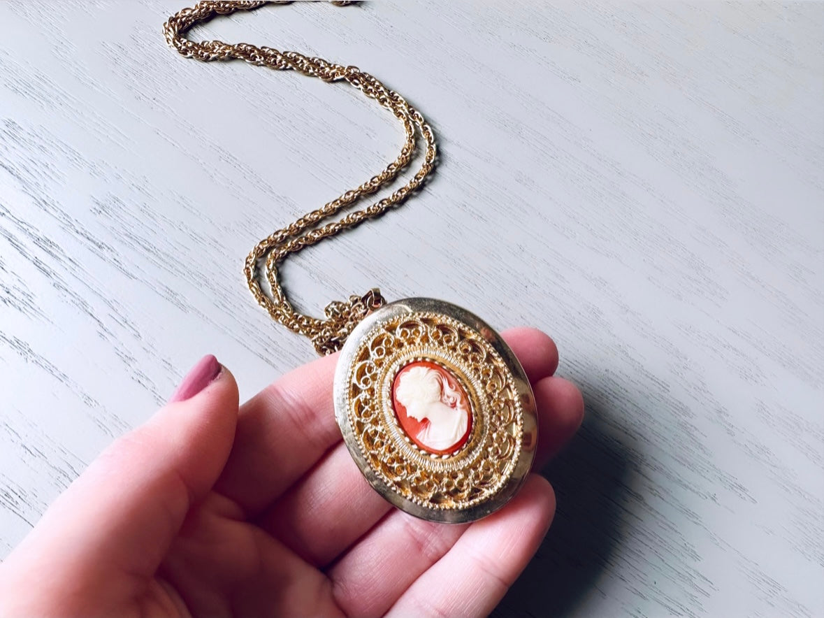 Vintage Victorian Cameo Locket Necklace, Gold Lois Jean Vintage Cameo Necklace, Antique Gold Victorian Revival Necklace, Peach Cream Cameo