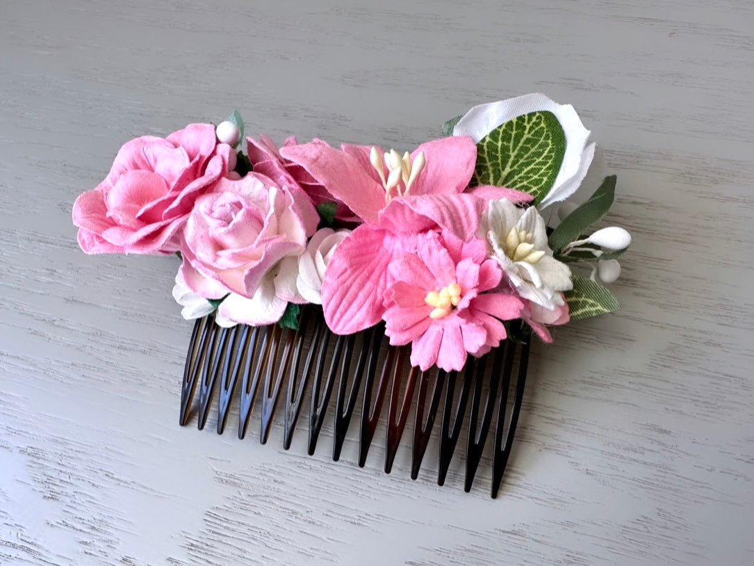 Pink Flower Hair Comb, Floral Wedding Comb, Ethereal Woodland Bride, Boho Fairy Flower Comb, Botanical Handmade Paper Flower Hair Piece OOAK