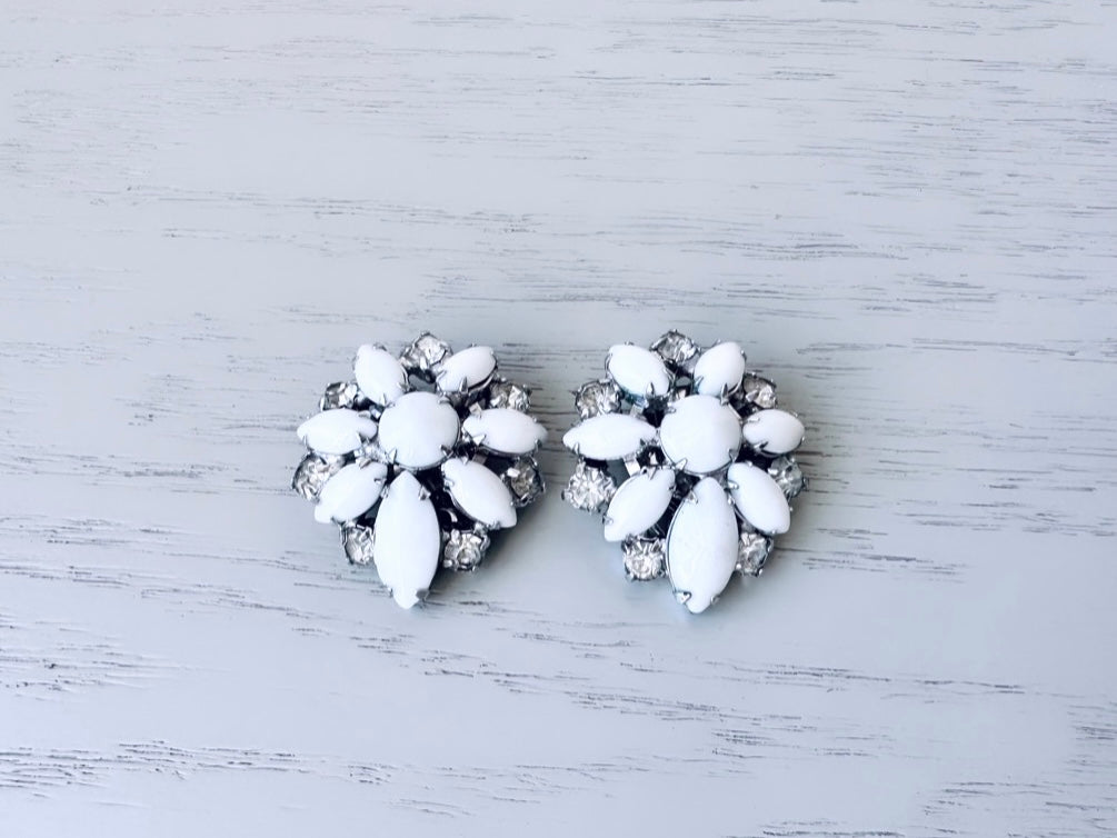 Navette Milk Glass Earrings, 1960s Vintage Earrings, Dramatic White & Silver Bridal Clip-on Earrings, 60s Bejeweled Statement Earrings