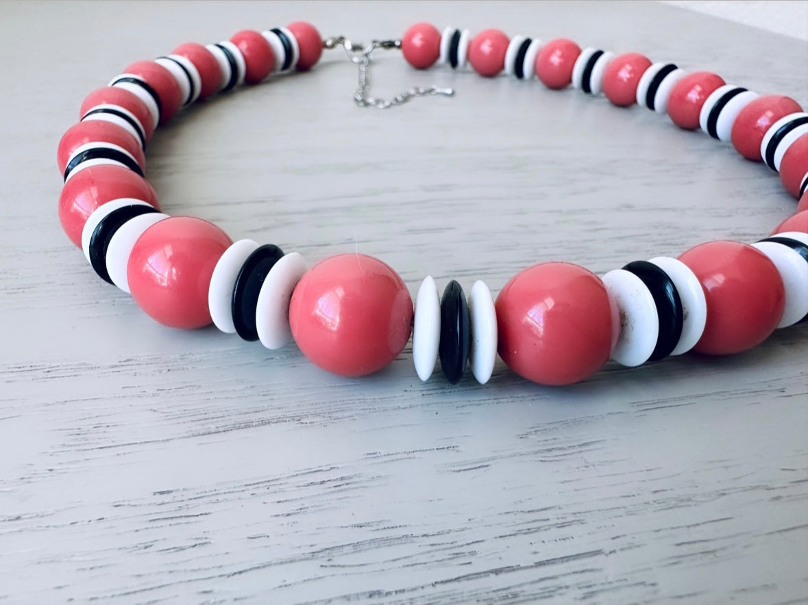 Vintage Beaded Acrylic Necklace, Salmon Pink, White and Black MCM Beaded Choker Necklace, Classic 1970s Necklace