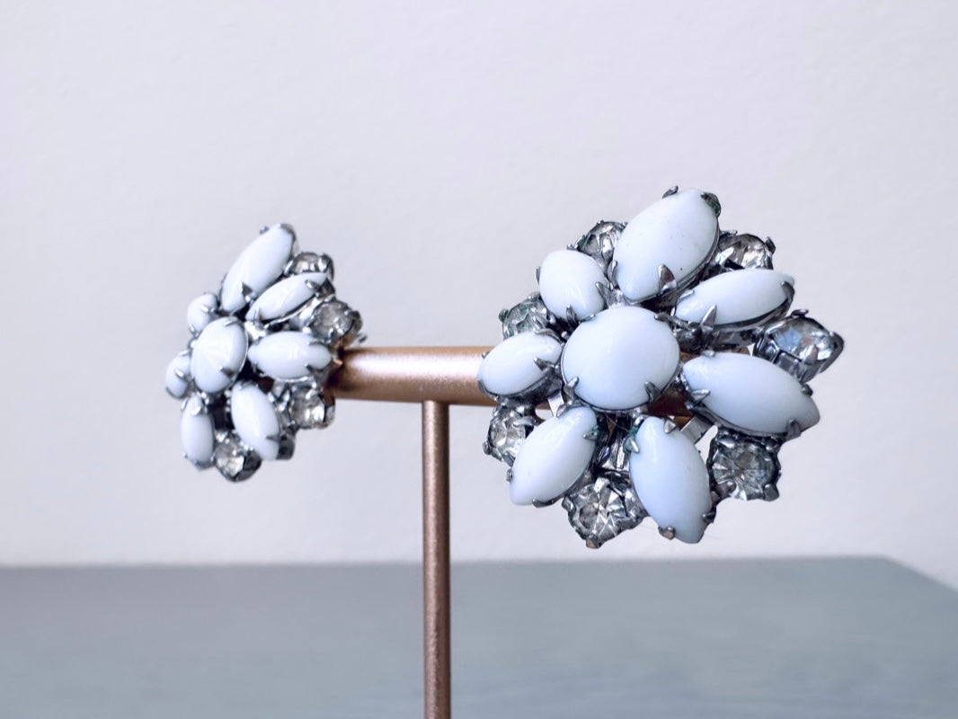 Navette Milk Glass Earrings, 1960s Vintage Earrings, Dramatic White & Silver Bridal Clip-on Earrings, 60s Bejeweled Statement Earrings