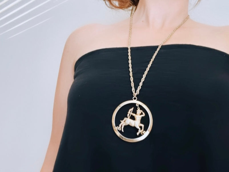 Vintage Sagittarius Zodiac Necklace, Star Sign Astrology Necklace, Unique Birthday Necklace, 30" Long Gold Vintage Astrology Pendant