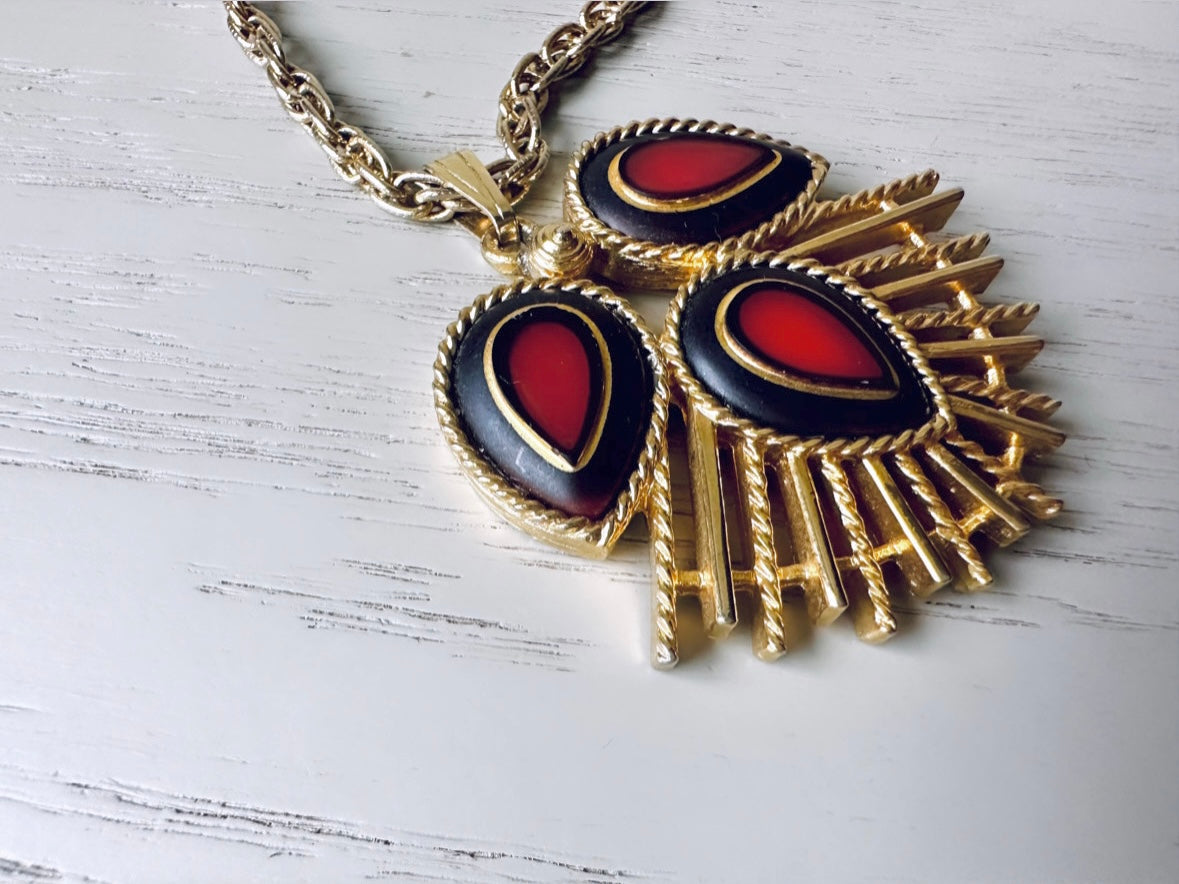 Rare Sarah Coventry Necklace, Red Black and Gold 1973 Dynasty Necklace, Vintage Gold Pendant Statement Necklace, Unique 70s Gold Necklace