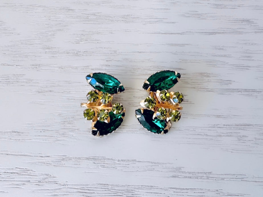 Emerald and Olive Vintage Rhinestone Earrings, Vintage 1960's Emerald Crystal Clip On Earrings, Unique Shape Marquis Navette Glam Jewelry