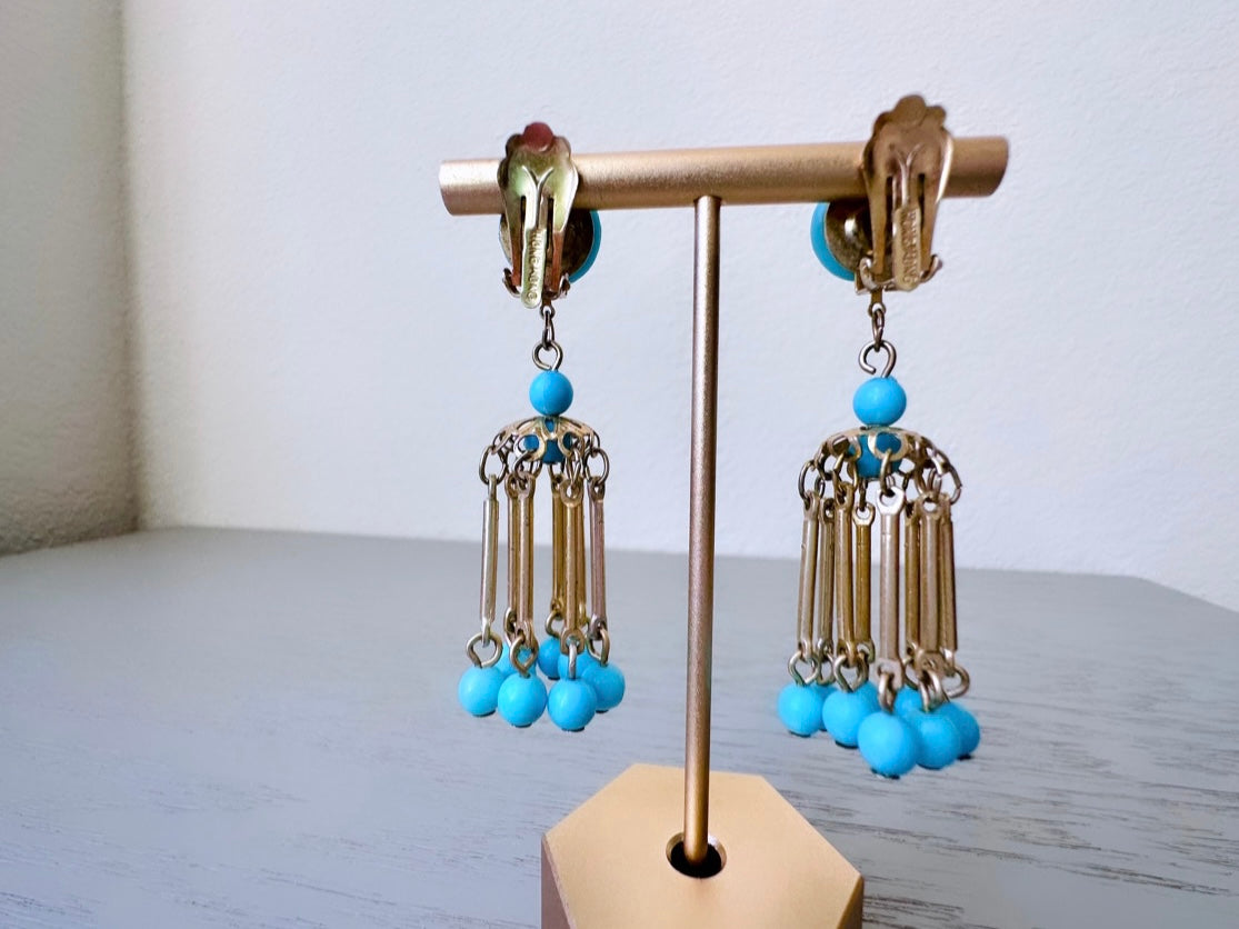 Vintage Turquoise Earrings, Mod 60s Earrings, Funky Blue Retro Earrings, Geometric Chandelier Vintage Dangle Earrings, 1960s Clip Ons