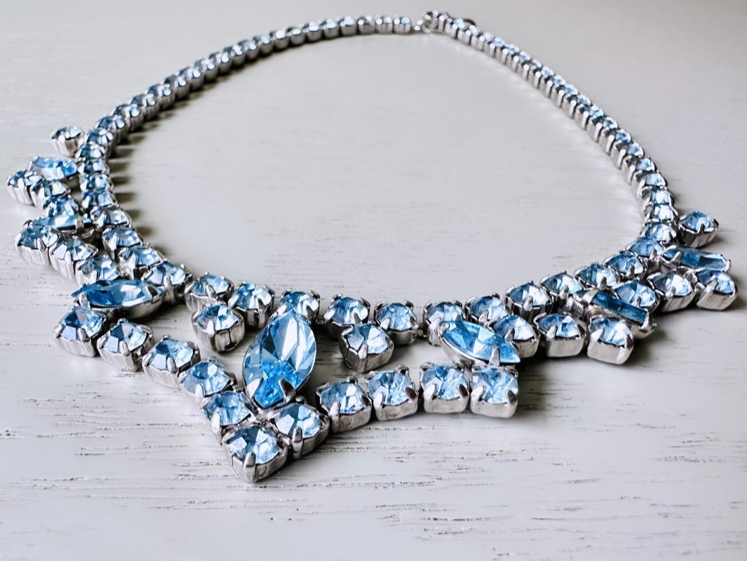 Vintage Blue Rhinestone Choker Necklace, Sapphire + Silver 1960s Vintage Necklace, Beautiful Draped Choker with Prong Set Sparkling Crystals