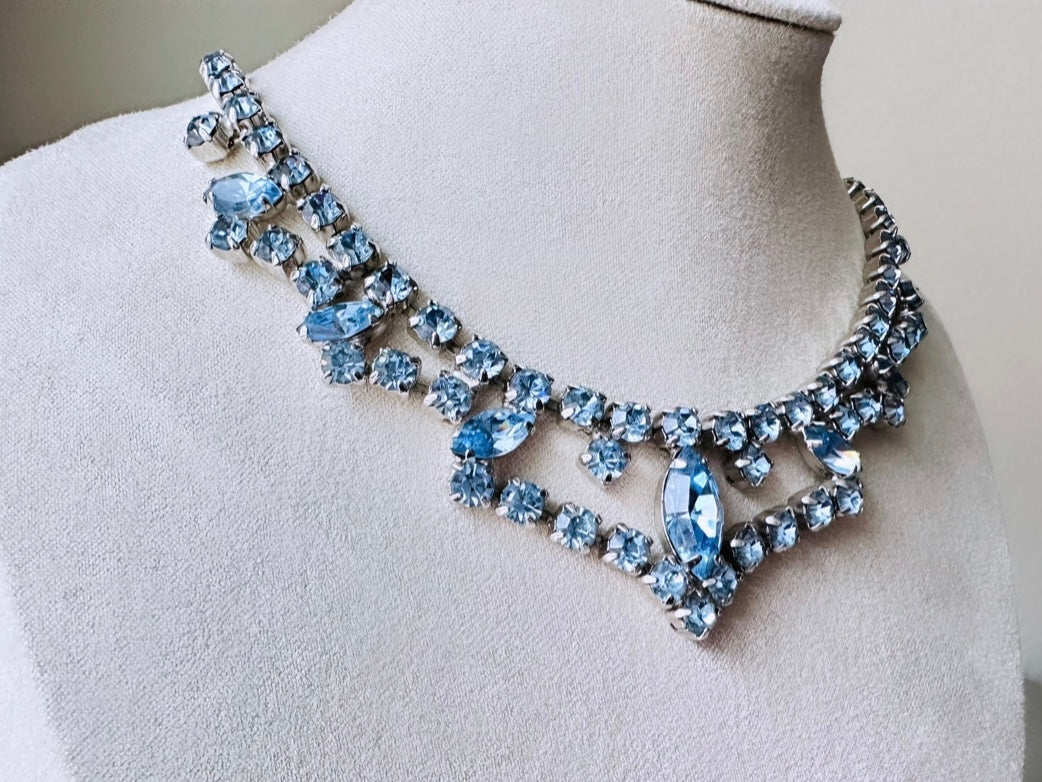 Vintage Blue Rhinestone Choker Necklace, Sapphire + Silver 1960s Vintage Necklace, Beautiful Draped Choker with Prong Set Sparkling Crystals
